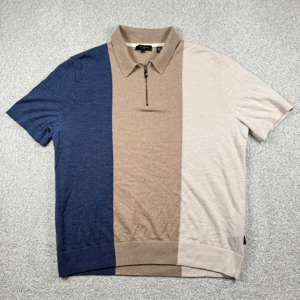 Ted Baker Quarter Zip Polo Men Size 6 Blue Tan Colorblock Wool Knit Shirt